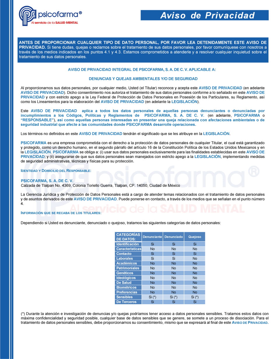 Aviso de Privacidad Denuncias o Quejas