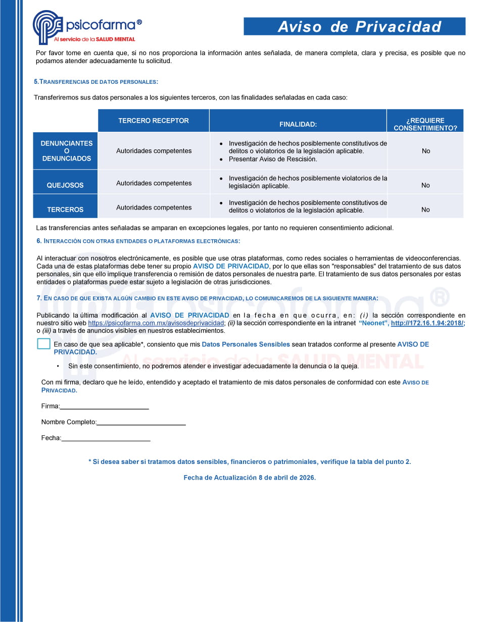 Aviso de Privacidad Denuncias o Quejas